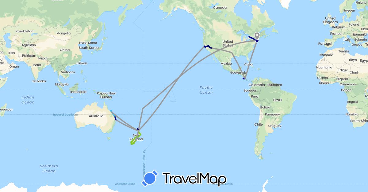 TravelMap itinerary: driving, plane, boat in Australia, Canada, Fiji, New Zealand, United States (North America, Oceania)